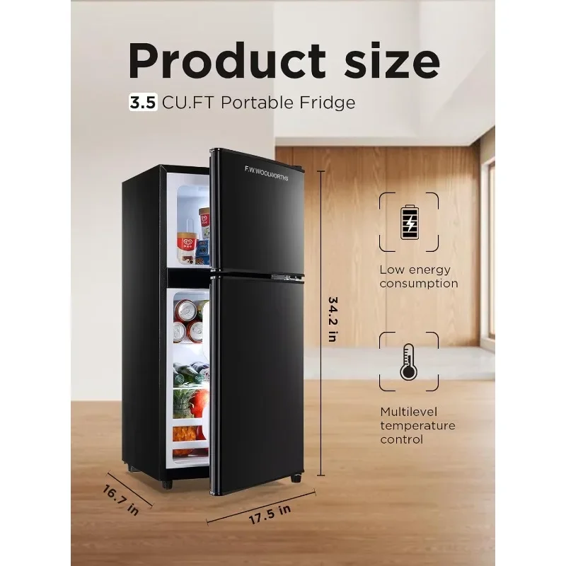 3.5 Cu.Ft Compact Refrigerator with Freezer, Mini Fridge with 2 Doors for Office, Kitchen, Dorm and Bedroom, Small Fridge lack