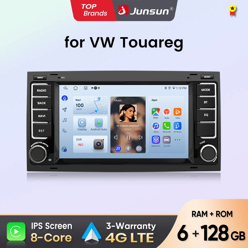 Autoradio Junsun 7 pouces pour VW Touareg Multivan T5 Transporter 2004 - 2009, CarPlay, Android Auto, FM, RDS, DSP, BT, GPS, Navi, SWC, écran tactile HD IPS, lecteur multimédia Plug & Play, appels mains libres, style d'origine de l'unité principale de la voiture