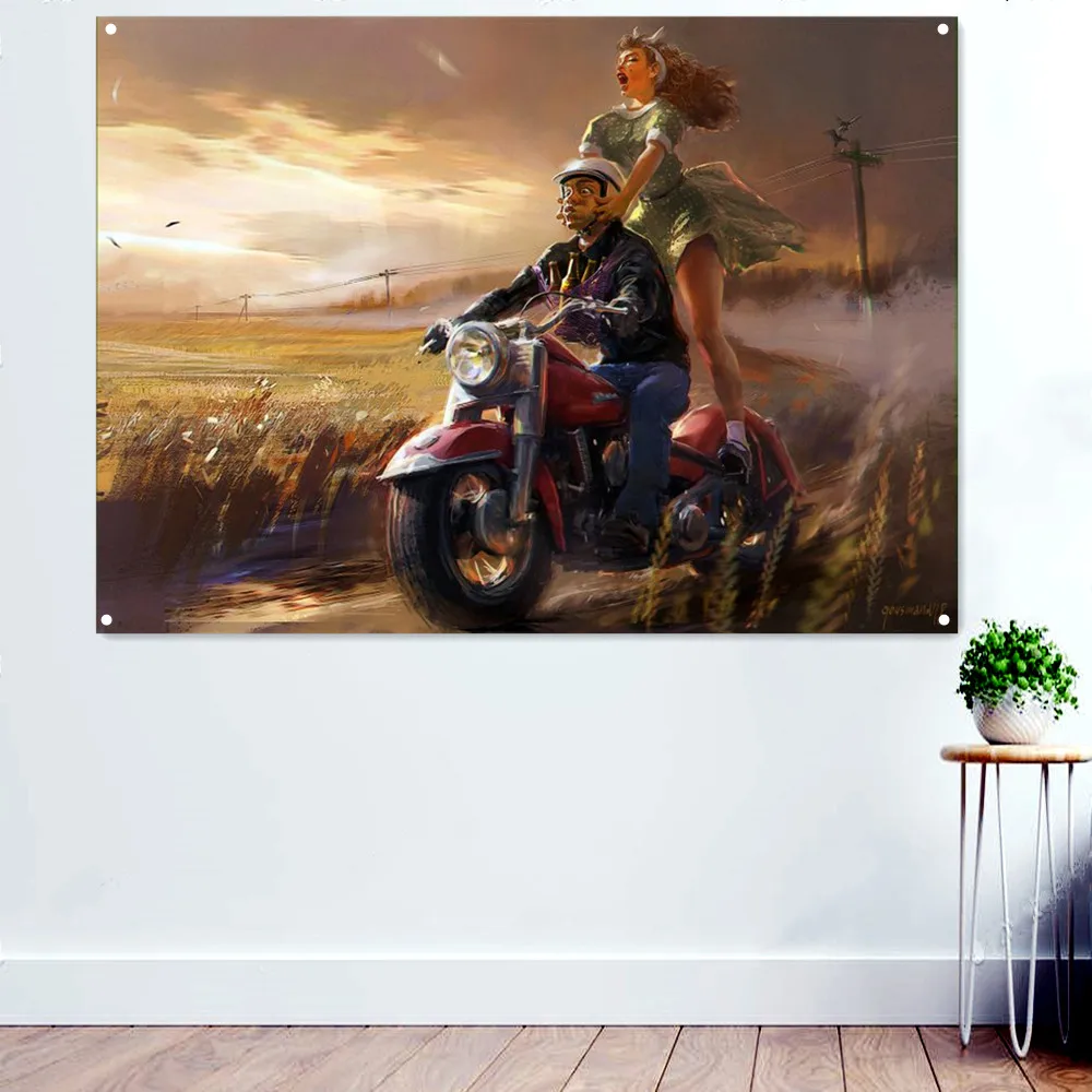 

Motorcycle Rider Wall Art Posters and Prints Banner Flag Man Cave Garage Locomotive Repair Shop Wall Decor Painting Tapestry