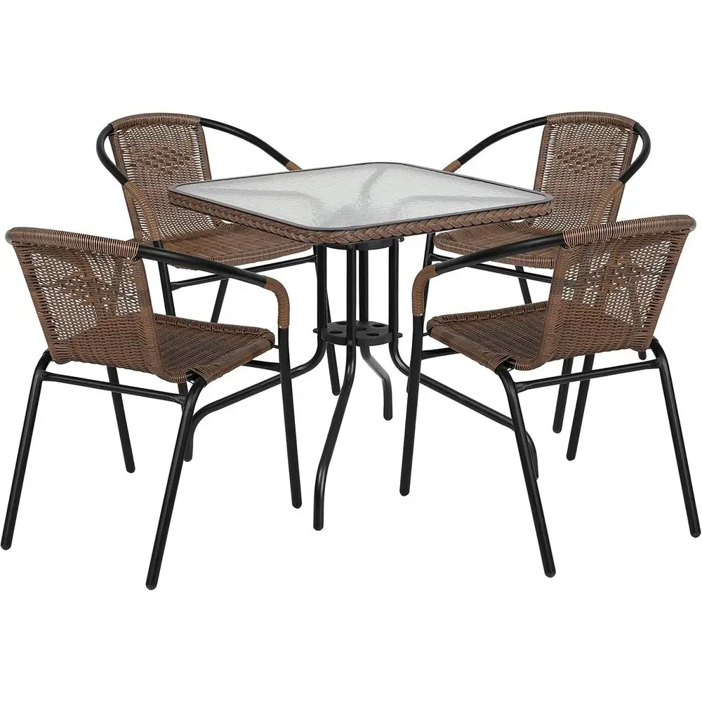 

28 Inch Square Glass and Metal Table with Brown Rattan Edge and 4 Stackable Chairs