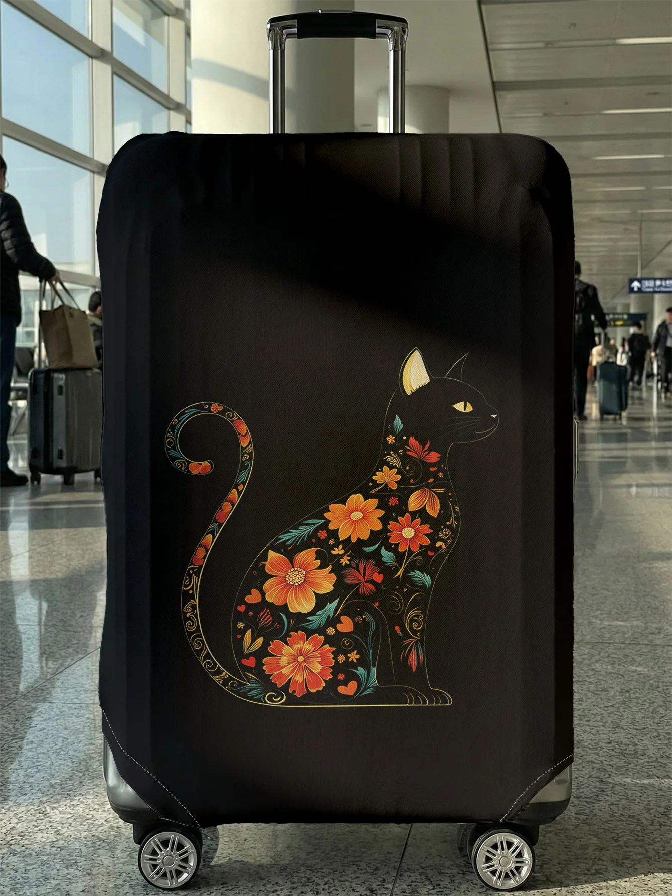 

Чехол для багажа в стиле Black Base Art Style с цветочным узором и черной кошкой, подходит для чемоданов 18-32 дюймов, чехол-накладка на ручку чемодана, дорожные аксессуары