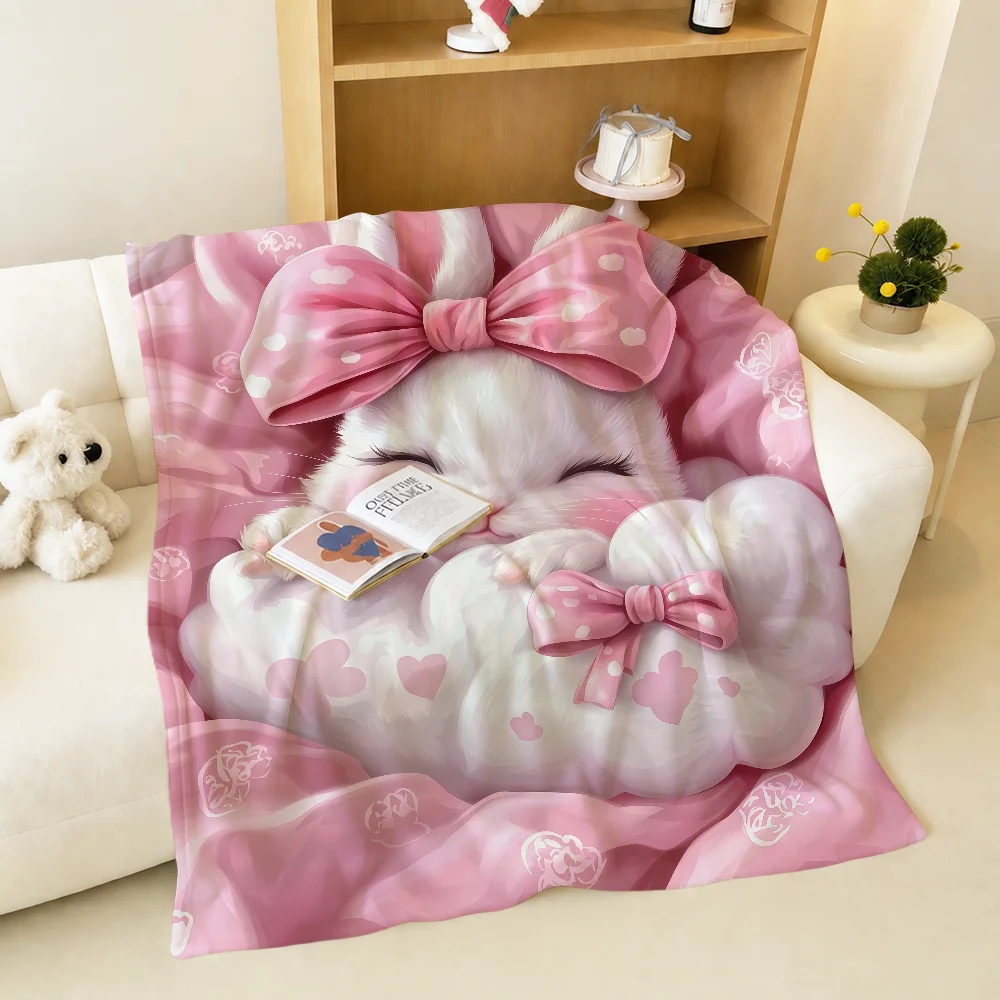 Kawaii White Bunny Pink Bow Sleep Warm Soft Plush Blanket For Sofa Living Room Nap Home Bedroom Travel Gift Flannel Pet Hogar