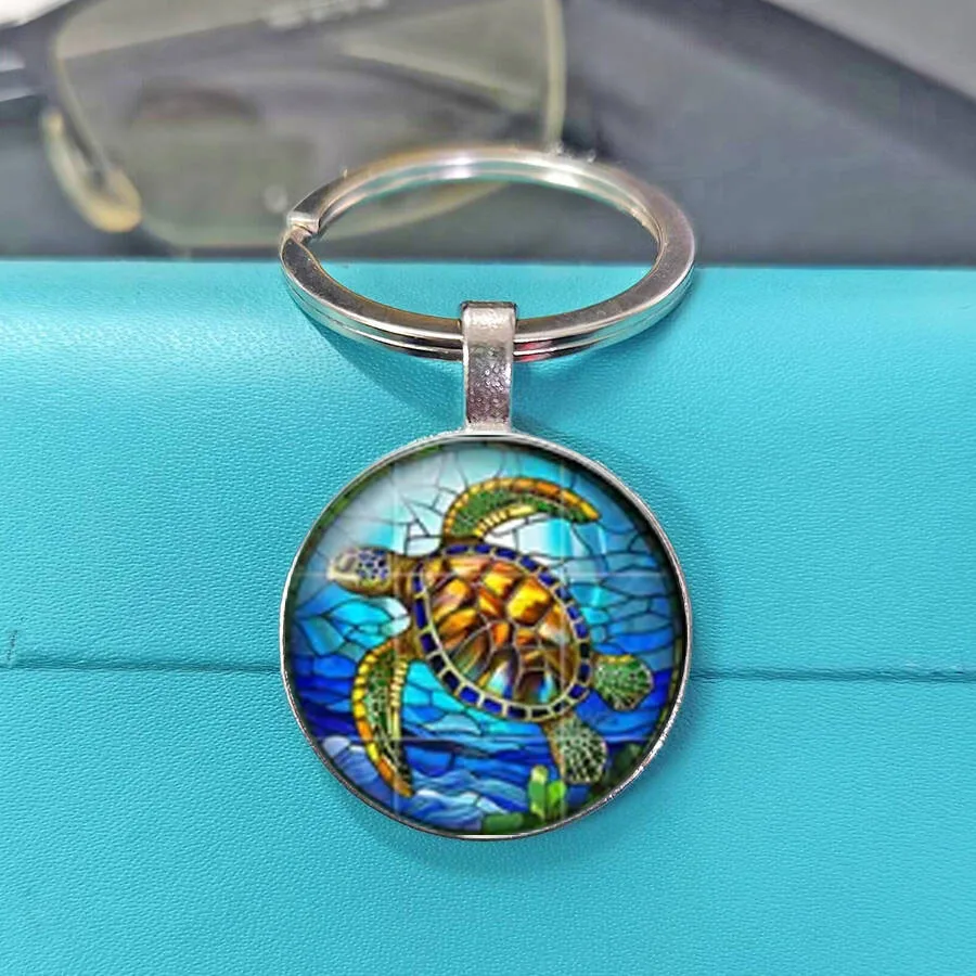 Vintage Gold Grid Cathedral Window Mosaic Underwater Sunset Turtle Round Glass Key Holder Tropical Island Key Ring