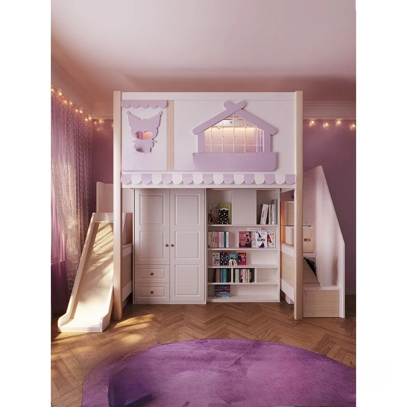 

Elevated all solid wood bed and table combination children's bed desk wardrobe integrated upper and lower bunk high and low