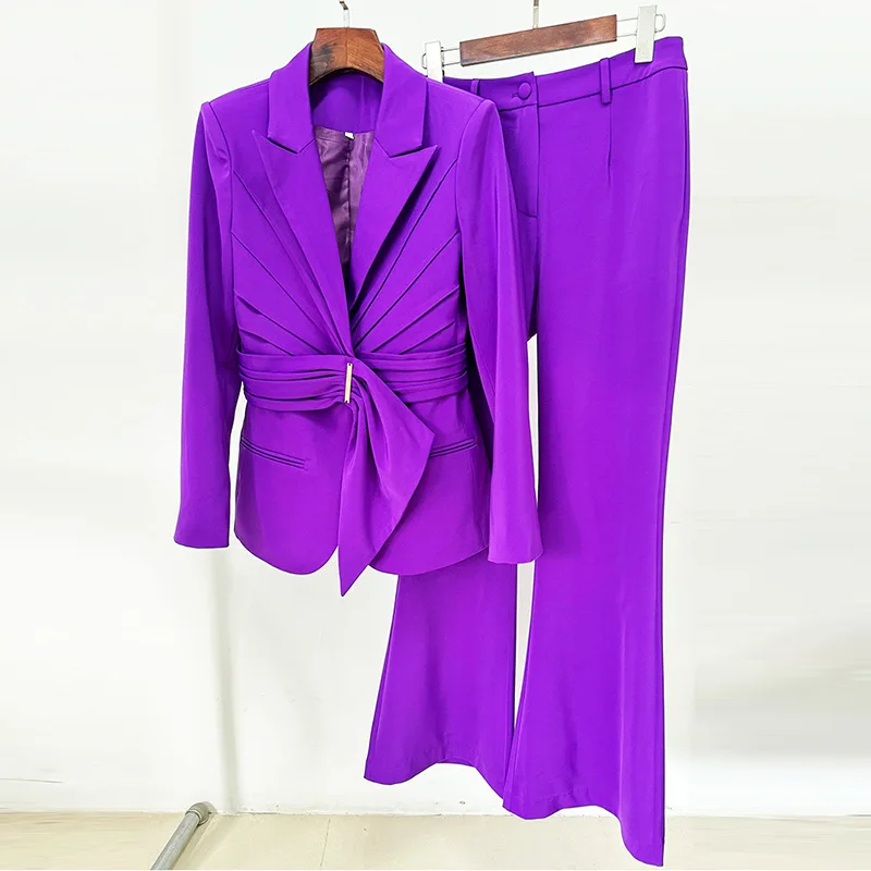 Purple Women Suit Set 2 Pieces Blazer+Pants Designer Jacket With Belt Work Wear Spring Prom Dress With Pocket Flare Trousers