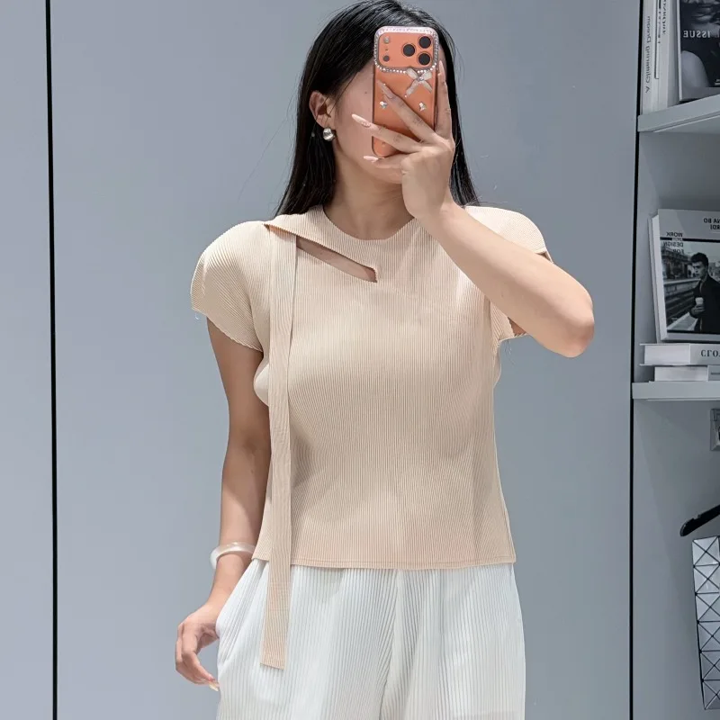 Pleated T-Shirt Summer New Solid Color Ribbon Sexy Fashion Short Sleeve Top Women's Draped Lightweight Stretchy Clothing
