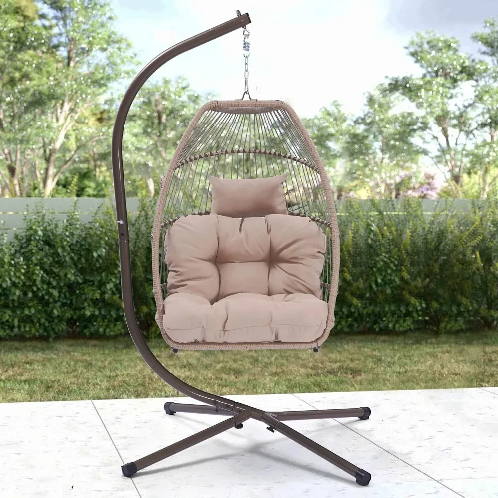 

Hanging Egg Chair Stand, Outdoor Patio Wicker Folding Hammock Chair with C Type Bracket, Soft Deep Fluffy Cushion and Pillow