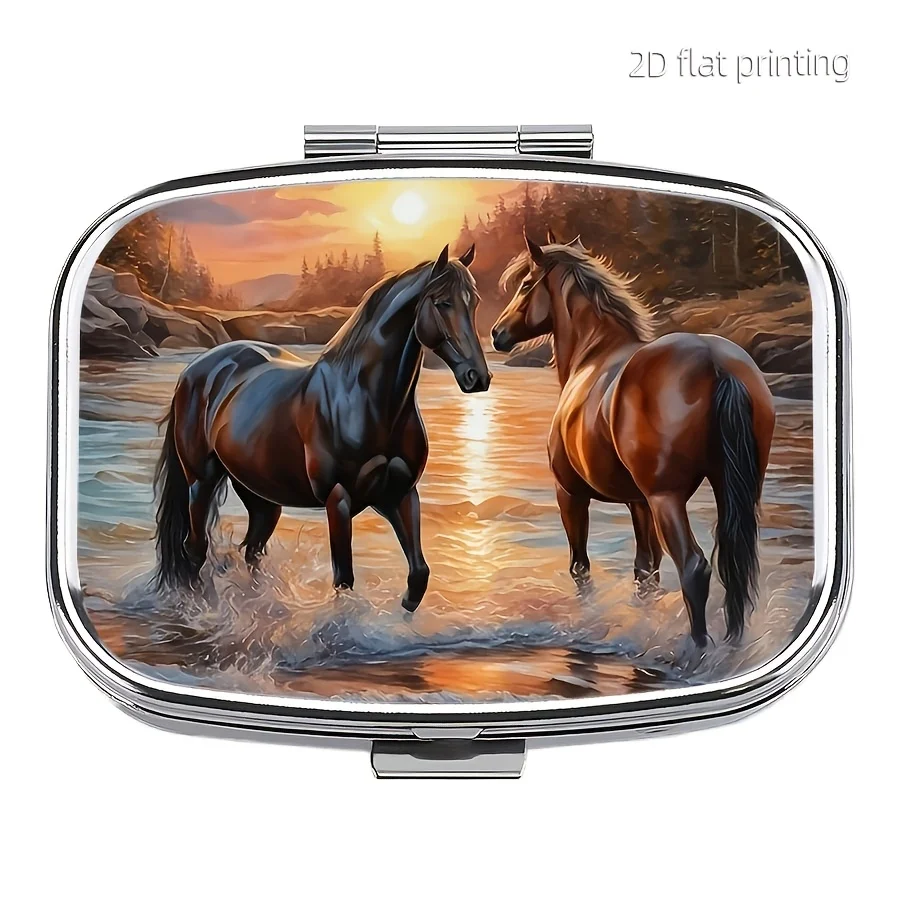 Elegant Horse Pattern Pill Box - Compact 2-Compartment Medicine and Vitamin Organizer with Secure Snap Closure, Suitable for Travel and Handbag Use