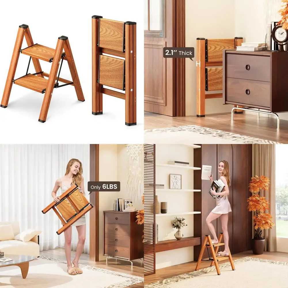 سلم قابل للطي مع دواسات واسعة مضادة للانزلاق، ألومنيوم خفيف الوزن، قوي ومتين، يدعم 300 رطل، مثالي للمنزل والوزن #1