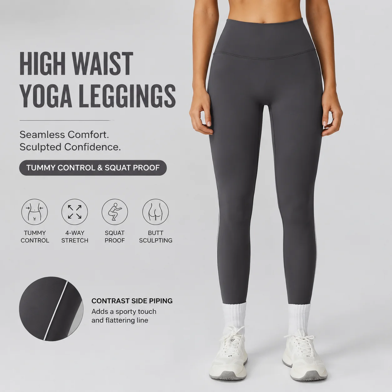 Premium Women's High Waist Seamless Yoga Leggings with Contrast Side Piping Tummy Control Squat Proof Gym Pants Booty Sculpting
