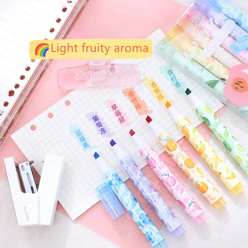 Pena ujung lembut Highlighter beraroma buah kreatif dengan stempel untuk siswa jurnal DIY mencatat untuk menyoroti dan menandai