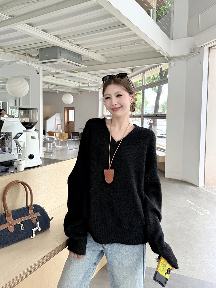 Suéter de Punto ueso y Largo con Cuello en V para Mujer, Hoado, Cómodo, Suave, Informal, de Moda para Otoño e Invierno