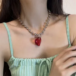 Gothic Chunky Red Heart Pendant Necklace Pink Crystal Glass Resin Handmade Waterproof Rope Chain Sexy Clavicle Choker New Bijoux