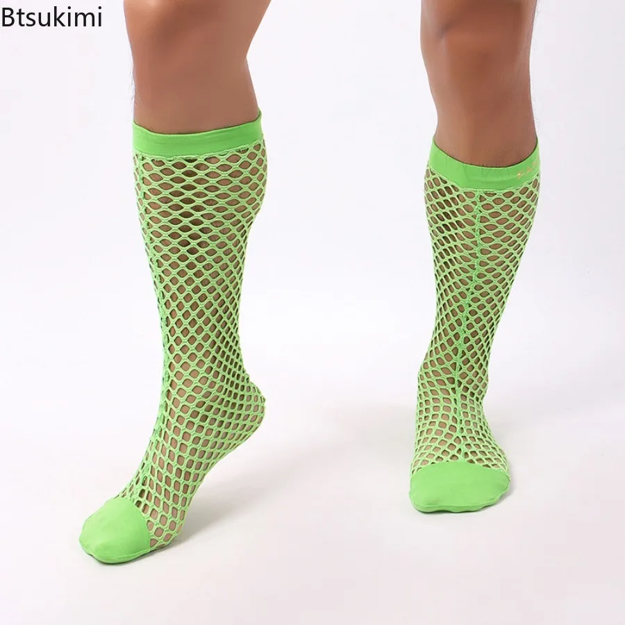 

2025 Men's Socks Hollow Mesh Breathable Sockings Transparent Fishing Net Sports Night Club Wear Solid Color Middle Socks for Man