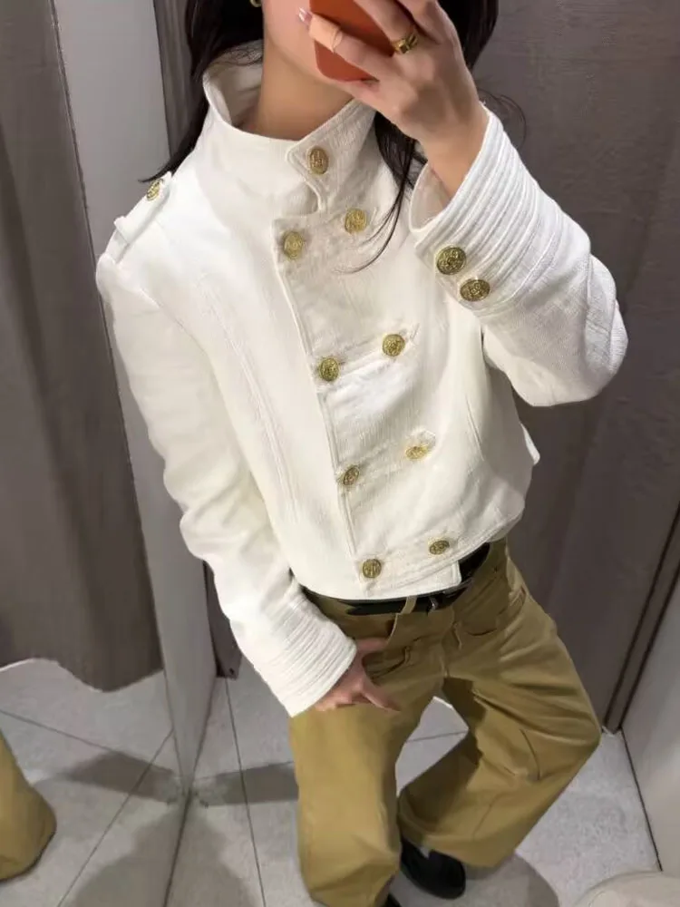 HH 2026 Women Spring Fashion White Tweed Cropped Jacket Stand Collar Double Breasted Decoration Elegant Casual Short Coat