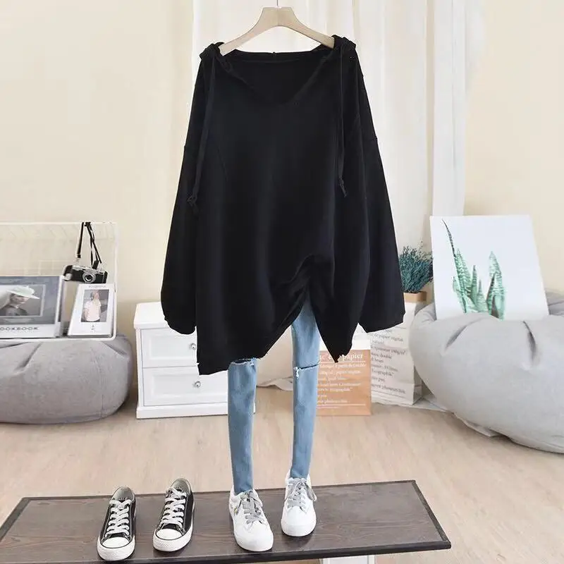 Sweatshirts de manga comprida monocromática feminina, capuz solto, cordão, pulôveres que tudo combina, moda High Street, fofo, primavera, outono