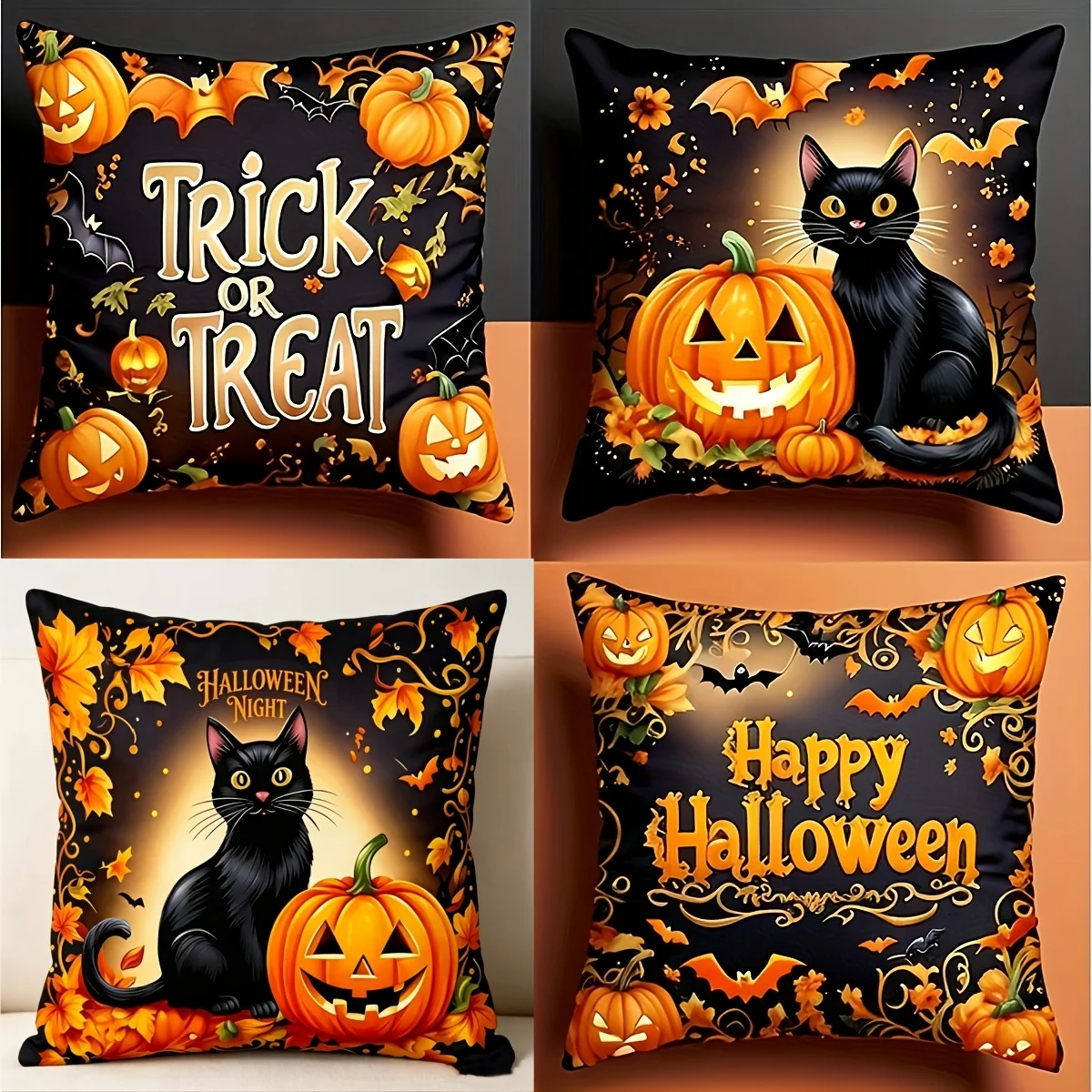 4 Pcs Halloween Pillow Covers, Double‑Sided Printed Harvest Festival Cushion Cases, Sofa Home Colorful Decor, No Pillow Insert