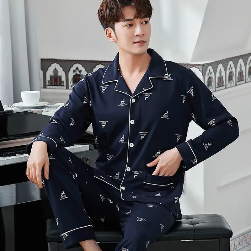 

Men's Pajamas 100% Cotton Long Sleeve Sleepwear Suit Boys Spring Autumn Fattening Plus Size Lapel Cardigan Male Loungewear Set