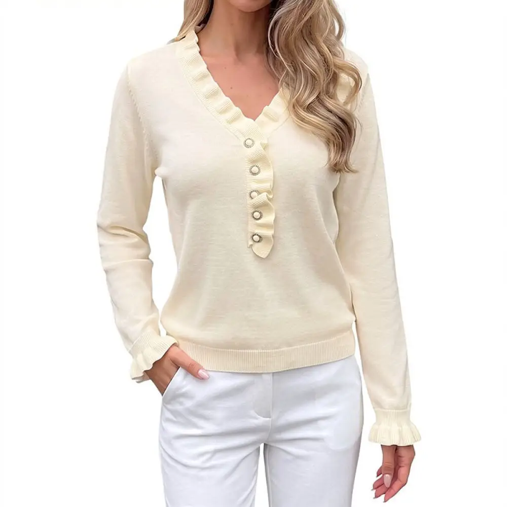 Women V Neck Pullover Knitwear Autumn Winter Long Sleeve Solid Color Lettuce Trim Casual Soft Knitted Sweater Fashion Tops