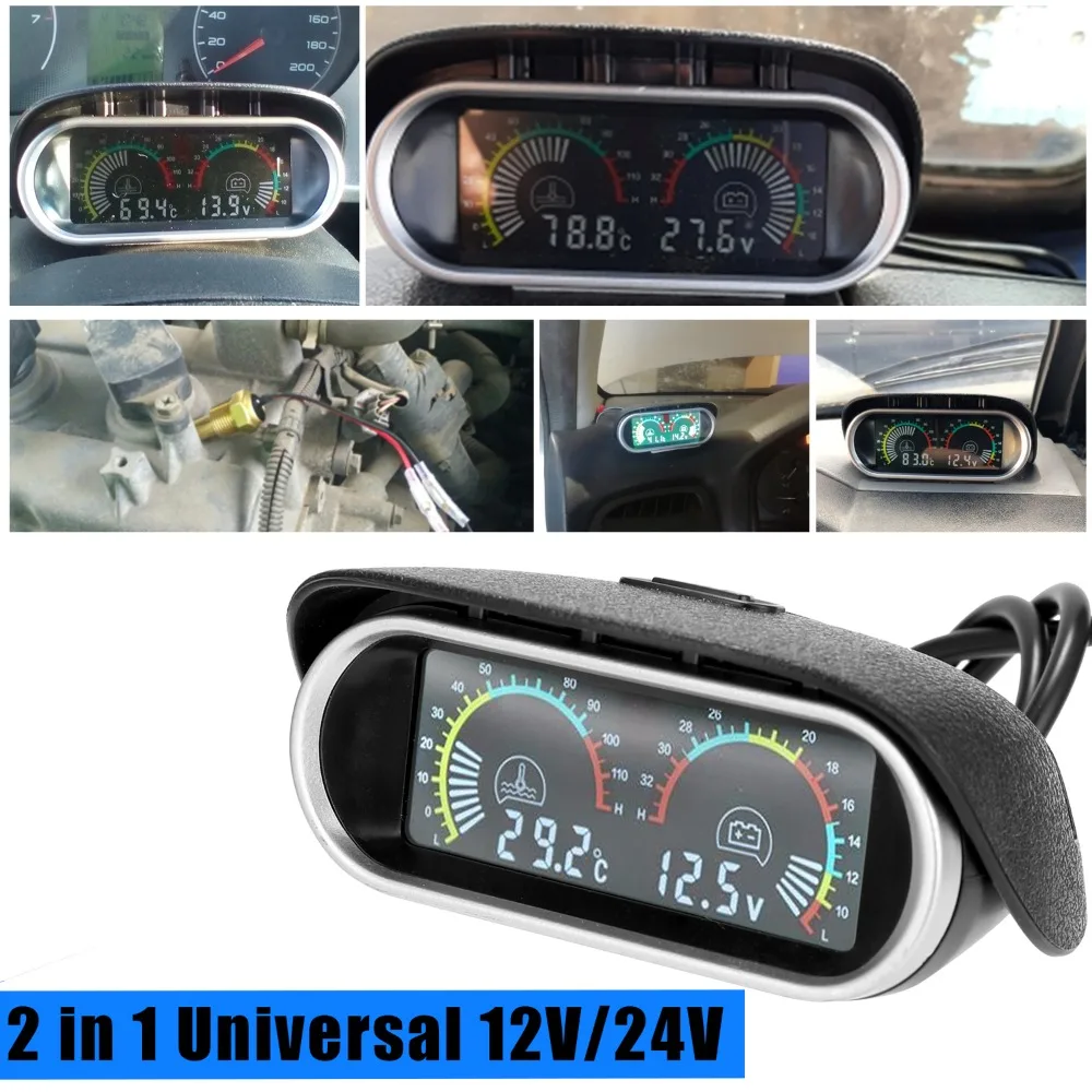 

Universal LCD Display Voltage & Water Tempe Gauge Digital 2 in 1 Water Temperature Gauge 10mm Sensor Horizontal Voltmeter