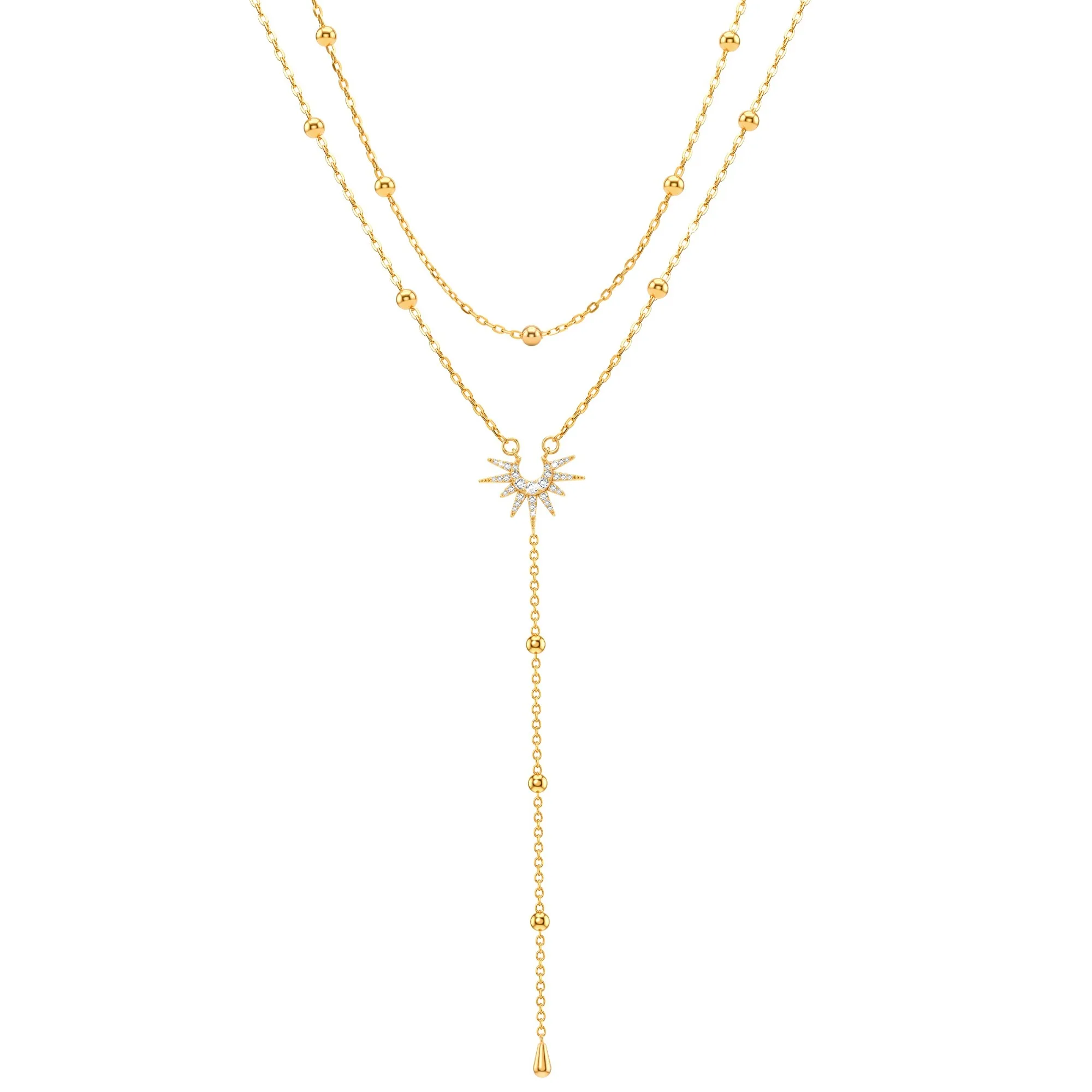 Bobisty 2-teiliges Set aus mehrreihigen Halsketten für Damen, 14K vergoldete Y-Halskette, zarte Choker-Halskette, lange Halskette mit Zirkonia-Sonnenanhänger, Schmuckgeschenk