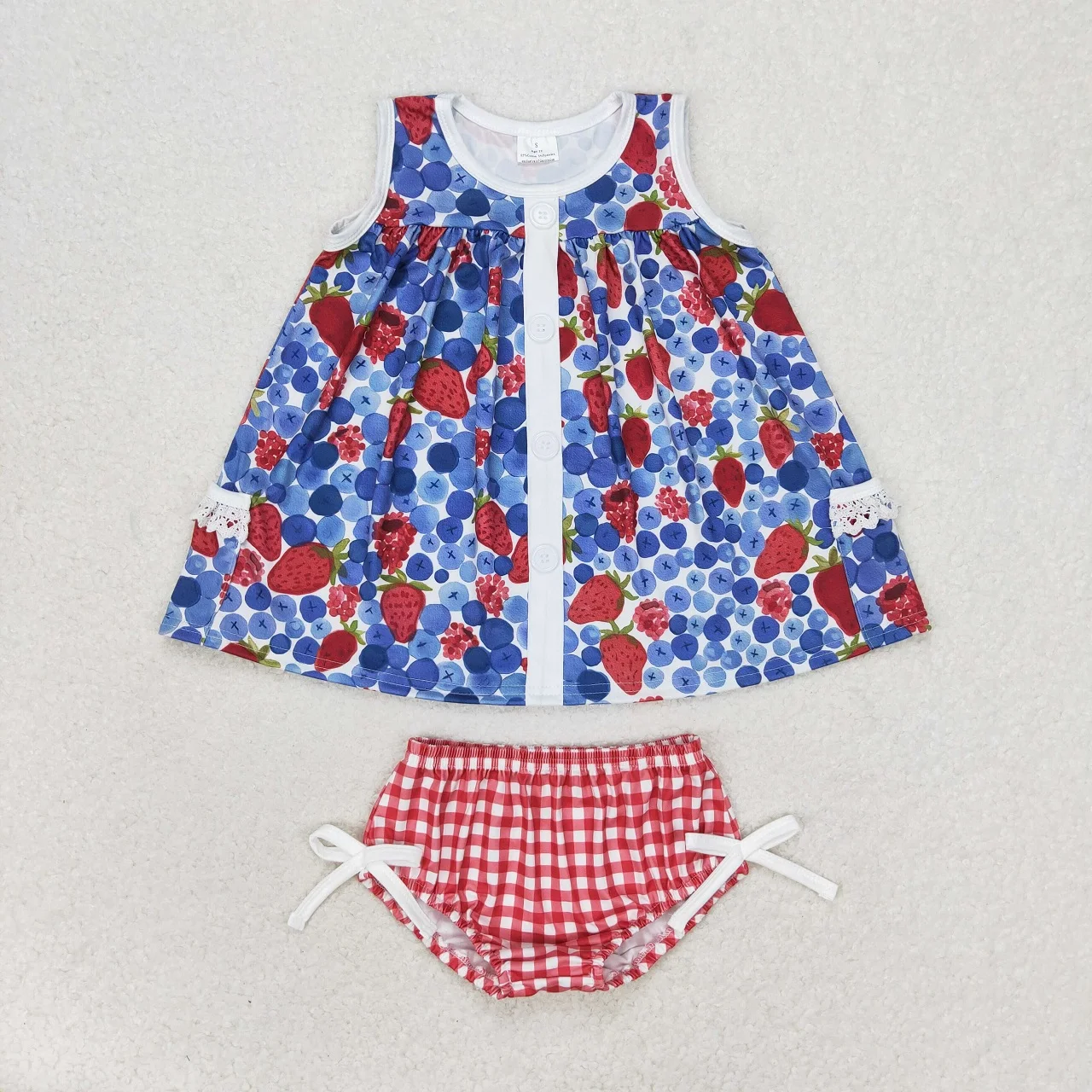 

Wholesale Kids Baby Girl Summer Outfit Children Sleeveless Strawberry Pocket Tops Plaid Bummies Shorts Infant Toddler Set