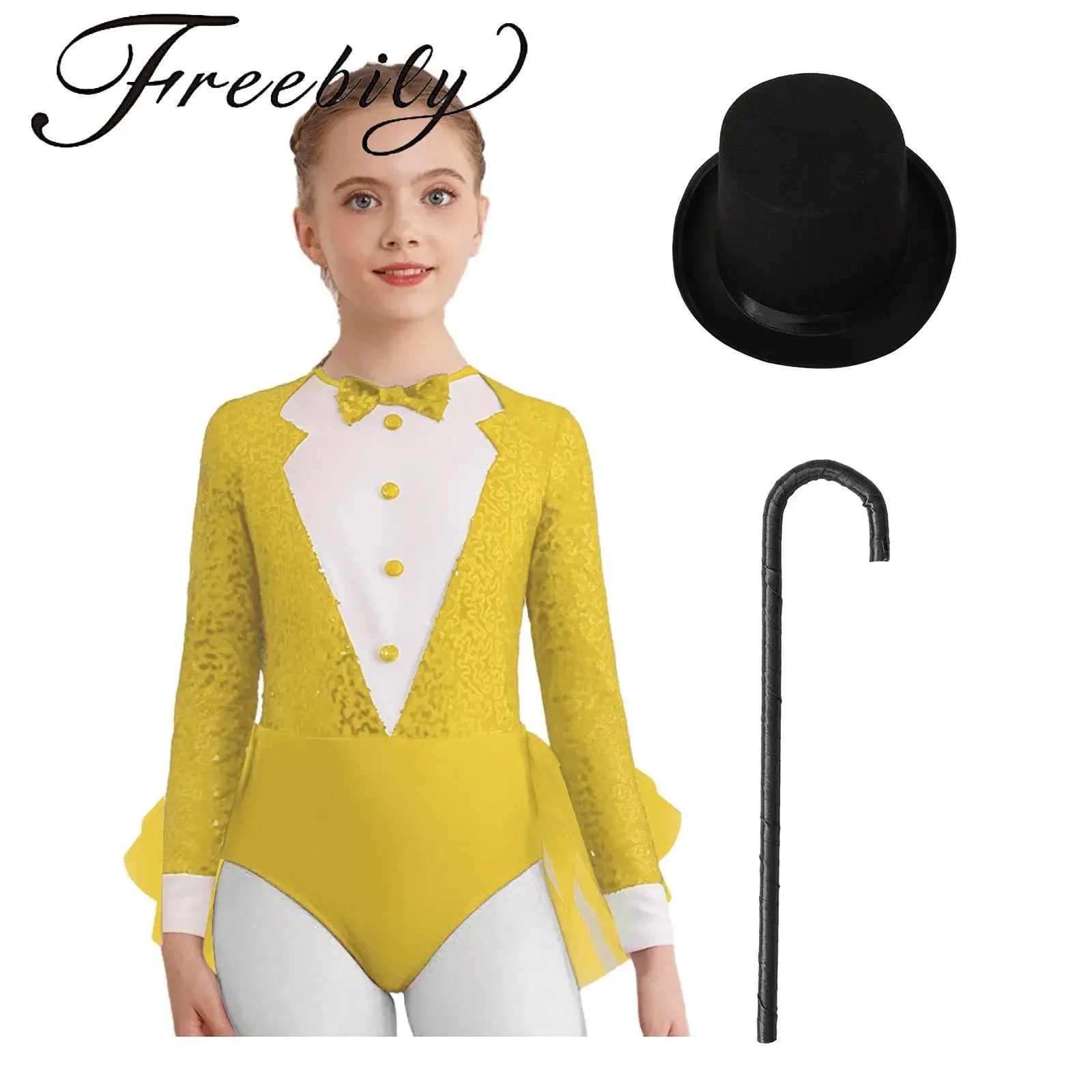 

Детский танцевальный костюм для девочек в стиле волшебницы: блестящий леотард с невидимой молнией сзади, тюлевой юбкой в стиле колор-блок, шляпкой и тростью