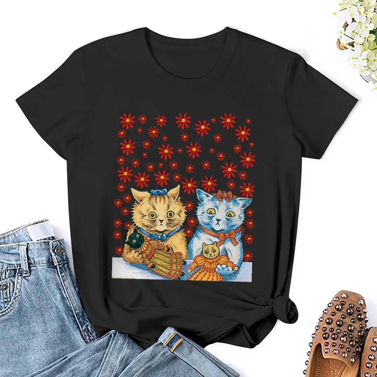 Louis Wain-Gatos com camiseta de bonecas femininas, moda coreana fofa, roupas de verão, blusa