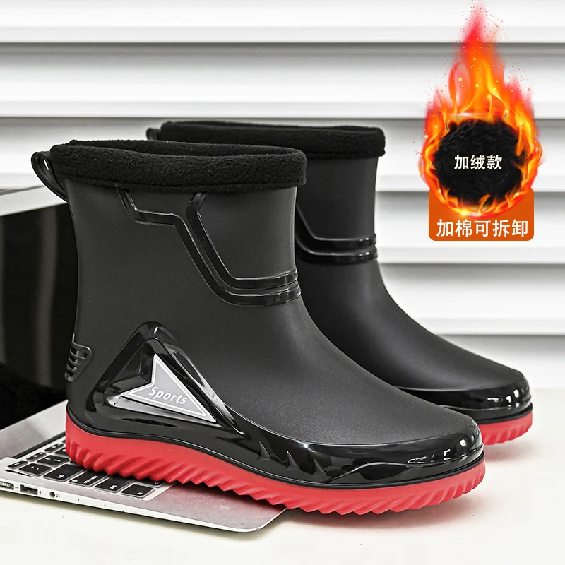 

Теплые мужские резиновые сапоги из флиса большого размера, модные противоскользящие водонепроницаемые мужские ботинки для верховой езды на толстой подошве, повседневная мужская обувь