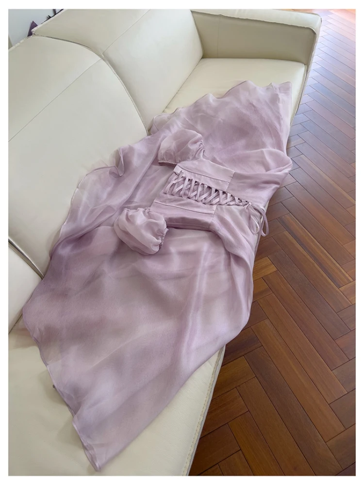 Ele Purple Dr Vintage Square Collar Bubble Sve Design Sensation Tie Thousand Gold Wind Holiday Dr