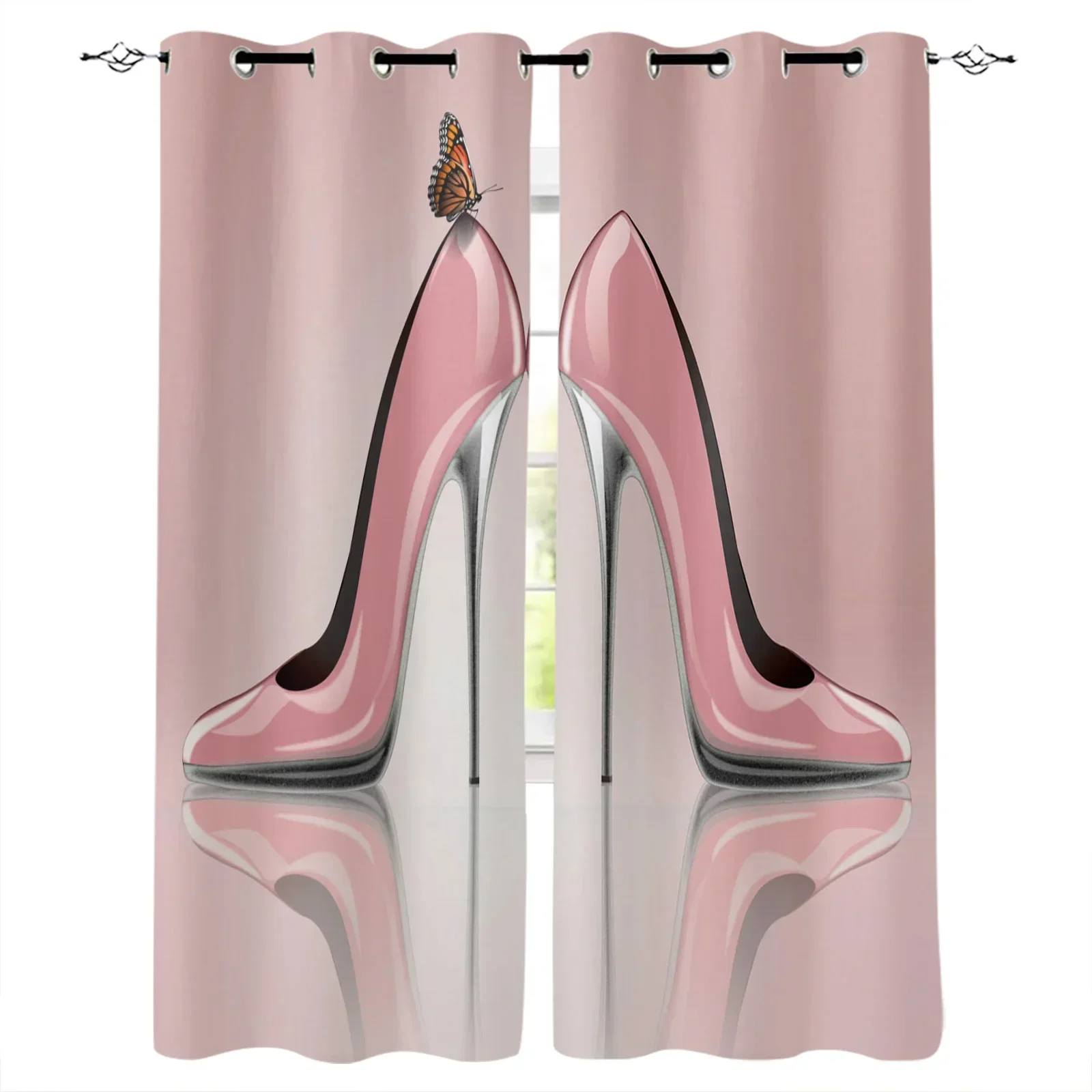 Cortinas blackout de borboleta rosa de salto alto, cortinas de janela para decoração de quarto e sala de estar, tratamentos de janela