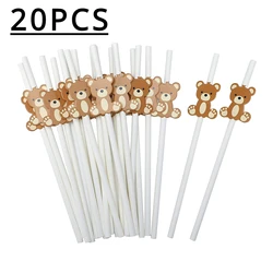 20PCS Bear Paper Straws Little Cutie  White Brown  Disposable Drinking   for   Baby Shower Decor