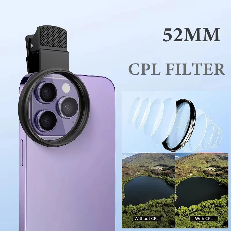 52-mm-CPL-Polarisationsfilter zum Aufstecken für Telefonobjektive, reduziert Blendung, verbessert den Himmel und Wasser, kompatibel mit iPhone Samsung Xiaomi