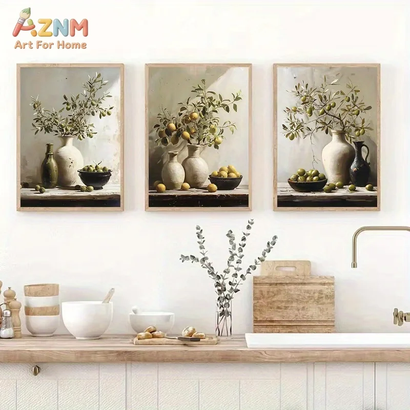 AZNM Neutral Still Life Canvas Print Olive Branch Lavender Fruit Vase Vintage Oil Painting Unframed Canvas Wall Art Farmhouse Li