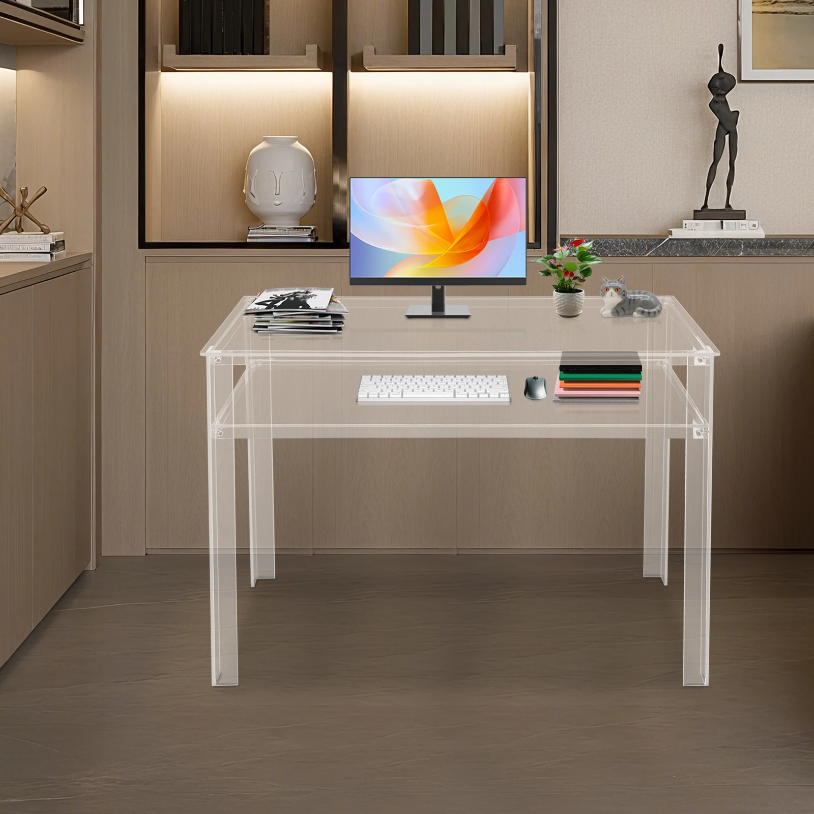 Escritorio transparente acrílico, mesa de estudio para ordenador portátil, escritorio transparente moderno, escritorio acrílico, escritorio de oficina de doble capa