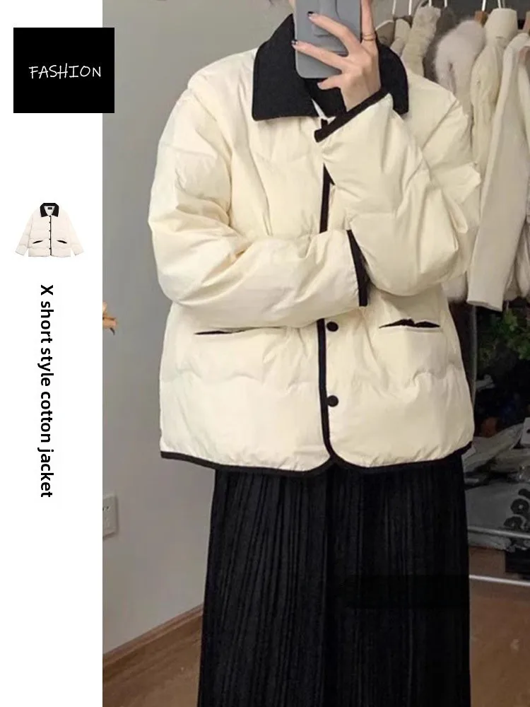 

Thiened Cotton Jaet Women's ort Sle Fce Lined Spring Autumn Sweet Sle round Ne Casual Loose Fit Pure Color