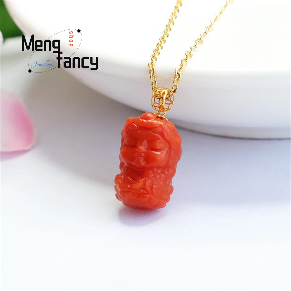 Natural 18k Inlaid Southern Red Agate Baby Tara Pendant Necklace Simple Personality Retro National Style Men Women Charm Jewelry