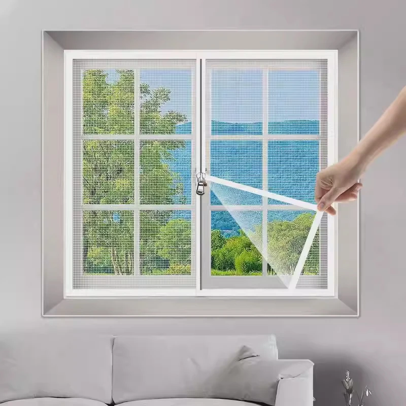 White,Zippered No-Drill Self-Adhesive Window Screen, mosquito net for window, zipper type home screen window mesh，Summer chiffon