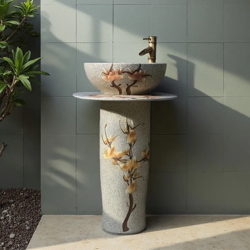Jingdezhen ceramic pillar washbasin, garden art floor washbasin, small bathroom three-piece washbasin