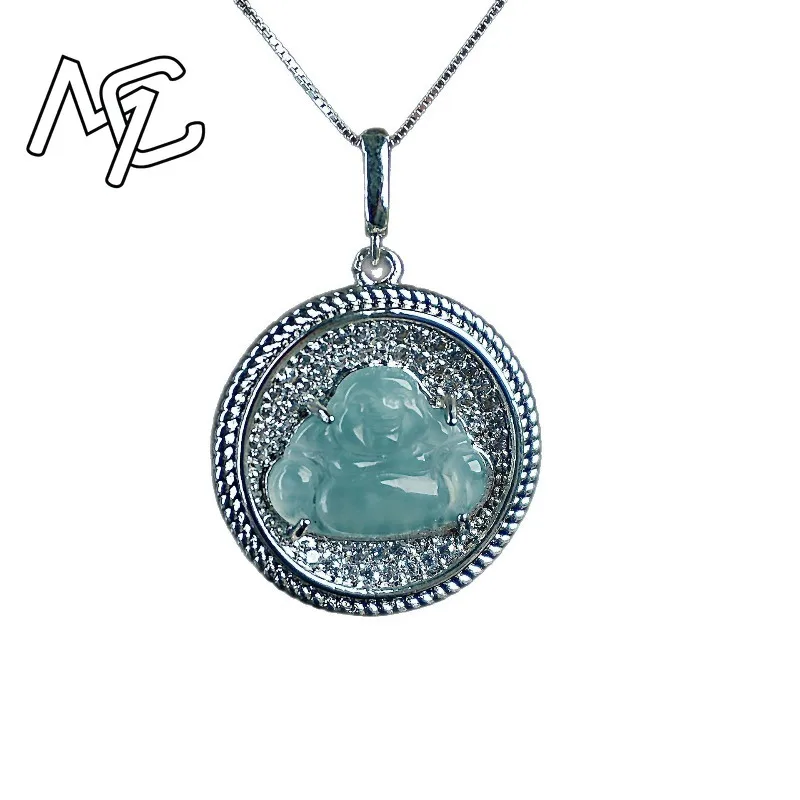 S925 Silver Real Jade Natural Blue Water Emerald Maitreya Buddha Pendant Necklace Carved Charm Jewelry Fashion Charm Amulet Gift