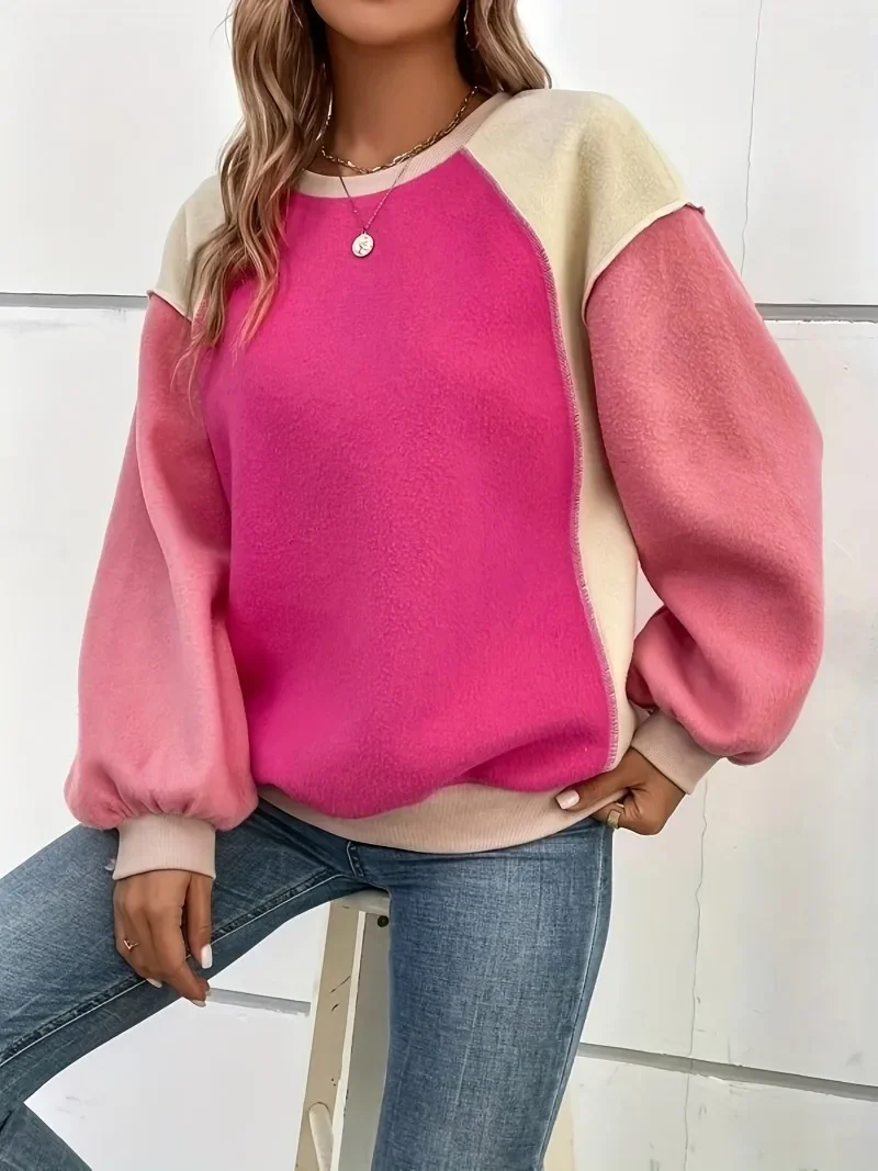 Plus Size Casual Top Women\'s Plus Colorblock Stitching Fleece Long Sleeve Round Neck Slight Stretch Loose Fit Top