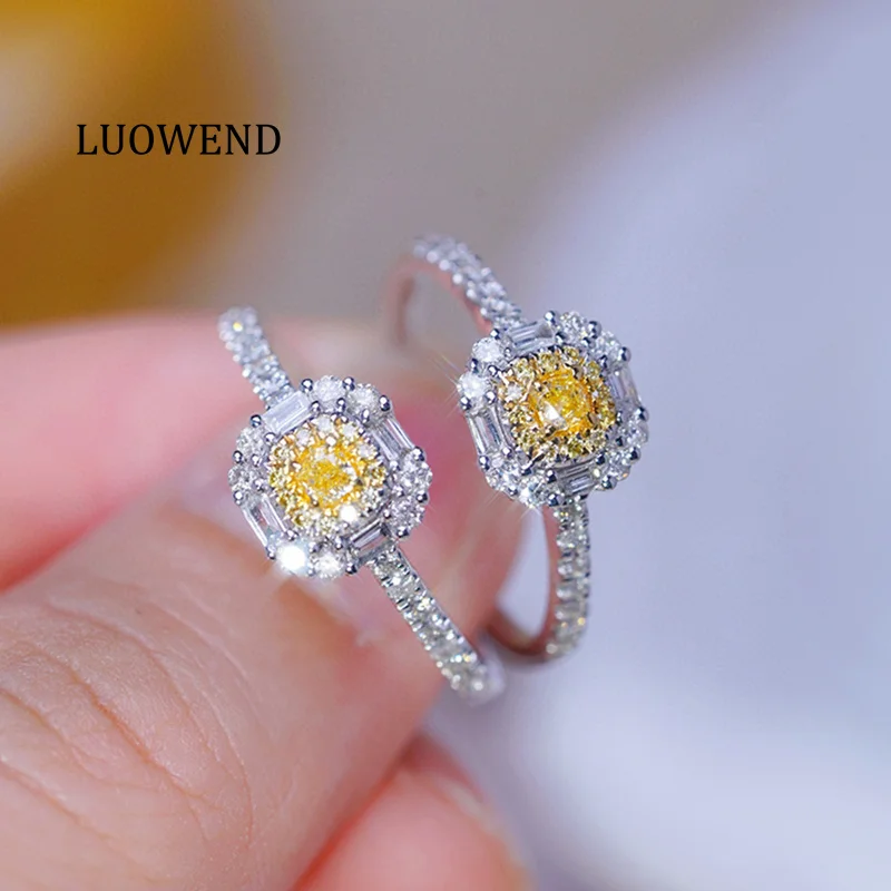 LUOWEND 100% 18K White Gold Rings Romantic Elegant Style Real Natural Yellow Diamond Engagement Ring for Women High Jewelry