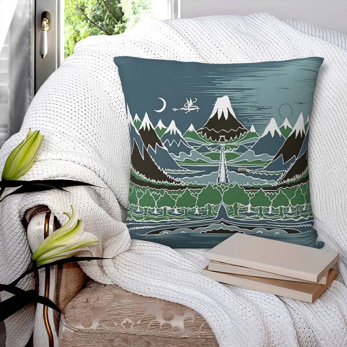 Midnight Forest Mountain Path In The Style Of J.R.R.Tolkie Square Pillowcase Pillow Cover Cushion Zip Throw Pillow for Home