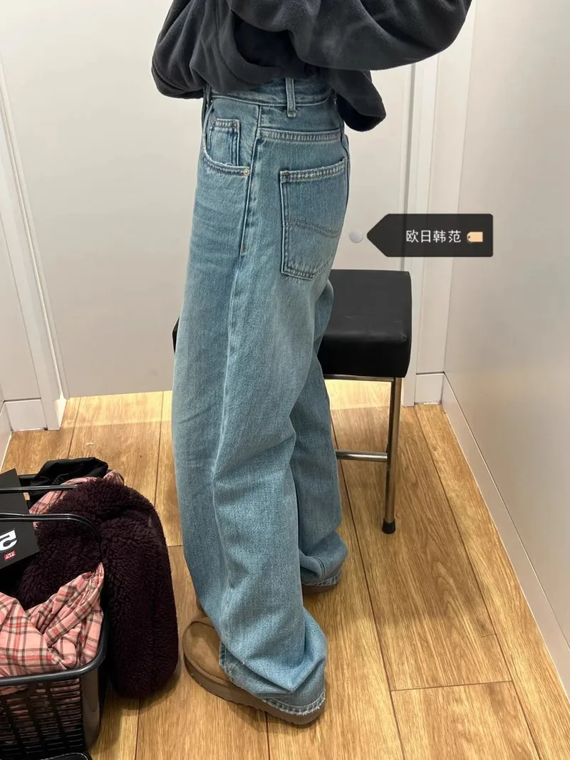 

WCFCX STUDIO Vintage Jeans Women's Loose 2023 New Wide Leg Pants Streetwear Casual Korean Fashion Straight Washed Denim Trouser