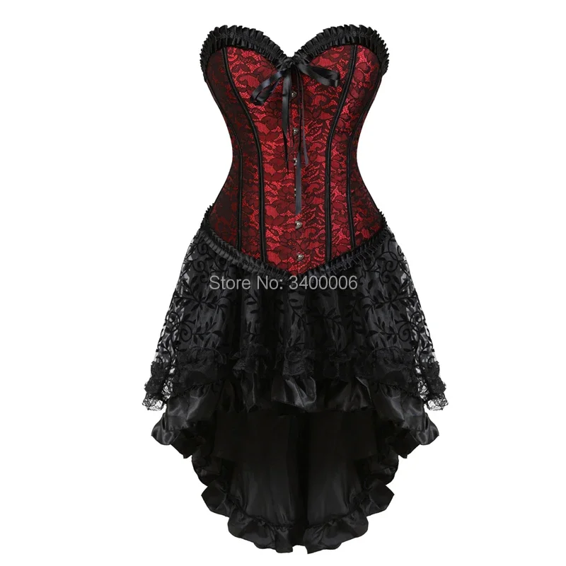 

Corset Dress with Skirt Set Sexy High Low Exotic Push up Corsets and Bustiers Flower Print Halloween Costumes Plus Size Red