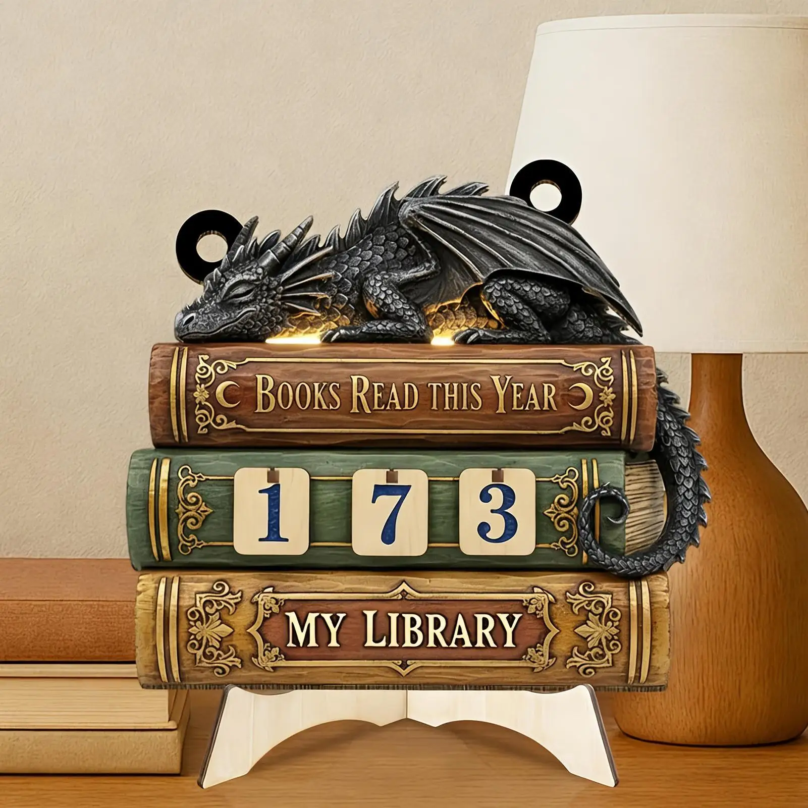 Dragon Embossed Wooden Books Read Counter Tracker Reading Challenge Goal Display Ornament Bookend for Book Lovers Library Decor