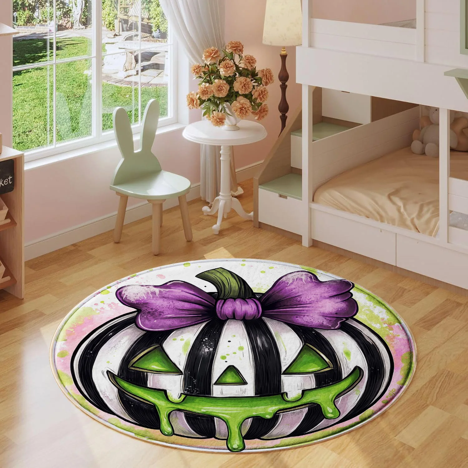 Halloween Pumpkin Purple Bow Black White Striped Slime Green Pattern Holiday Luxury Round Mat Area Rug Home Decor