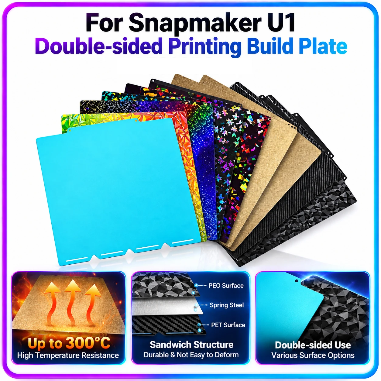 Double Sided PEI Build Plate for Snapmaker U1 3D Printer 270x270mm Spring Steel Sheet PET Cold Plate Removable Printing Platform