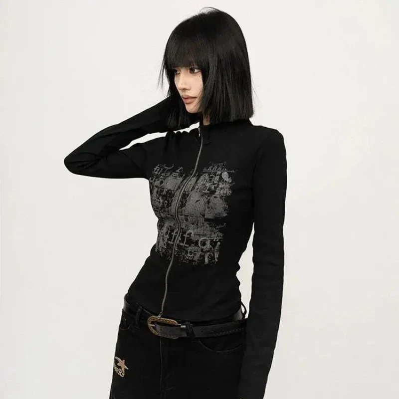 

American Retro Casual Long Sleeve Coats Women Y2K Subculture Punk Style Zipper Tops Harajuku 2000s Aesthetic Chic Outerwear New