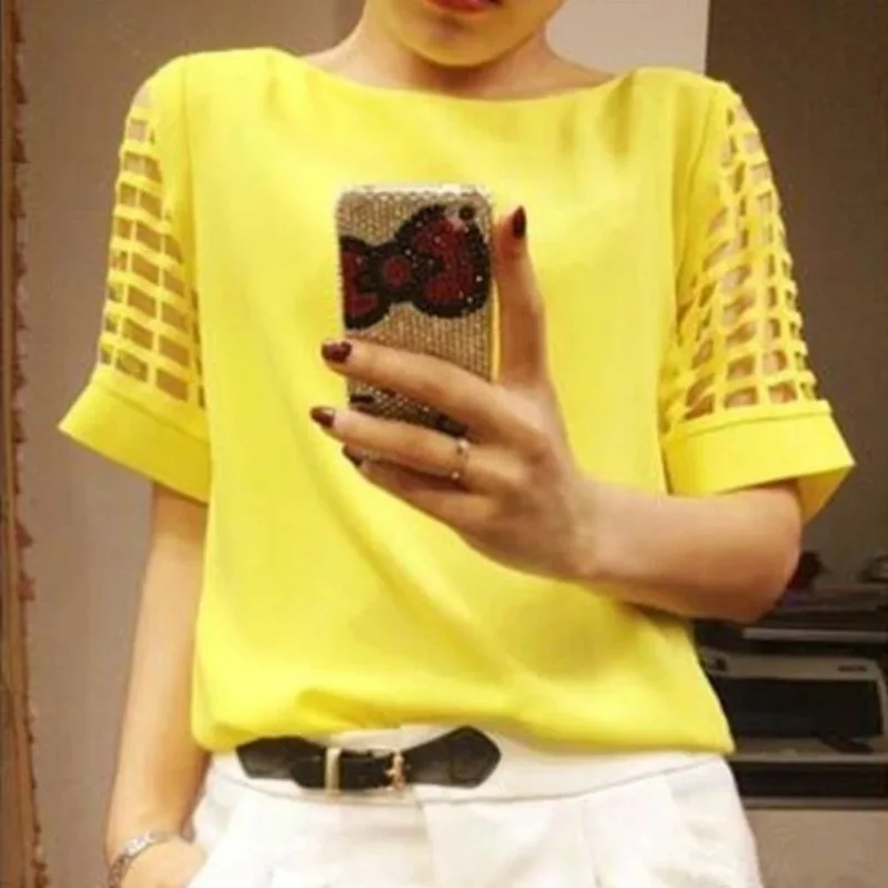 Summer Blouse Sexy Women Ladies Hollow Sleeve Slash Neck Loose Solid Shirts Casual Tops